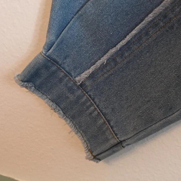 Ces Femme Oversized Cropped Sweatshirt Tan Blue Denim Block Sleeves Small - Picture 8 of 15